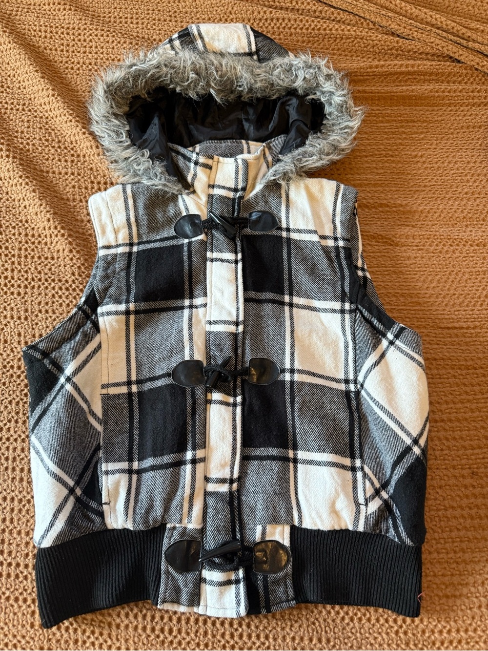 Black & White Plaid Hooded Vest with Faux Fur Trim